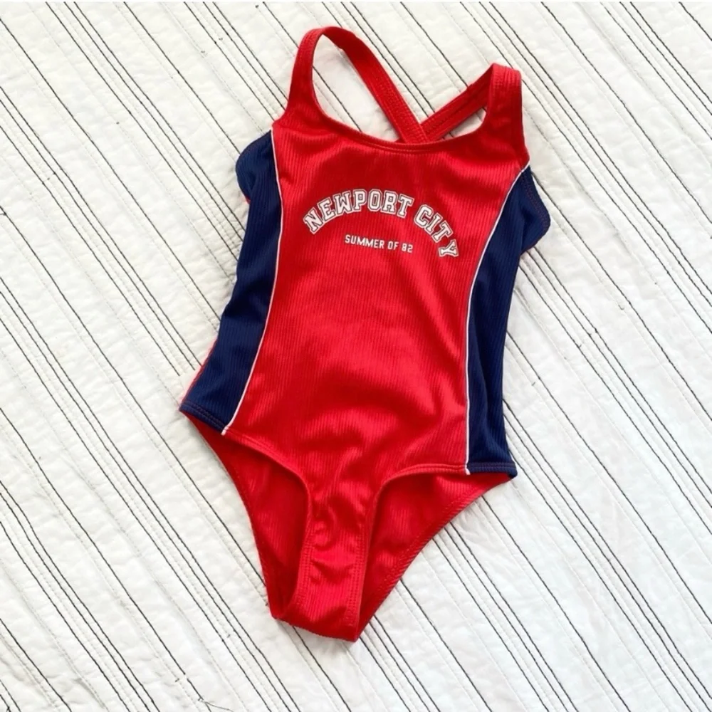 NWT ZARA Girls Ribbed Knit Retro One piece Swimsuit Bright Red Navy sz 6 - 7